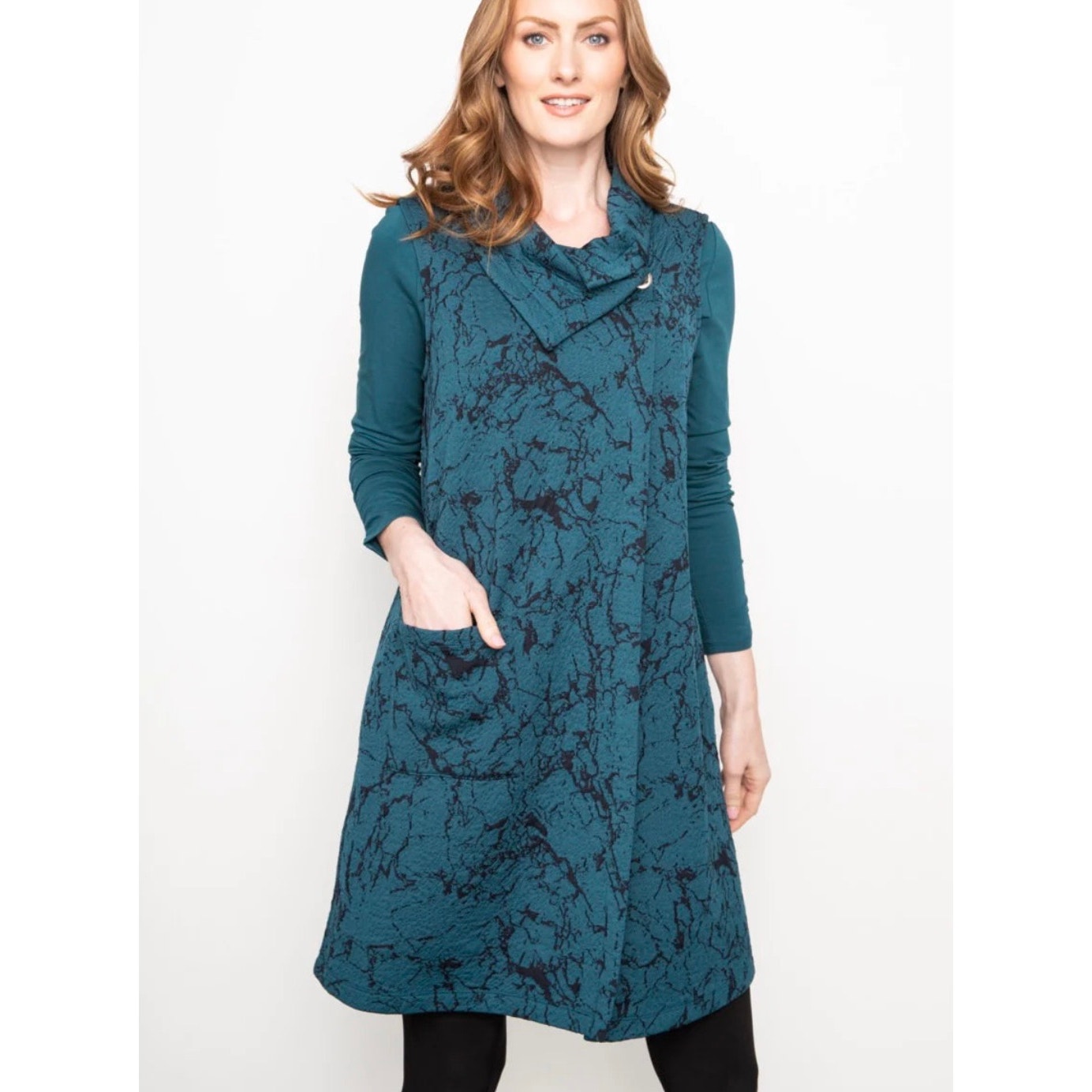 Liv By Habitat Sz M Teal Black Marbled Pattern A-Line Lagenlook Knit Long Vest
